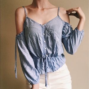 Blue and white spaghetti strap, off the shoulder